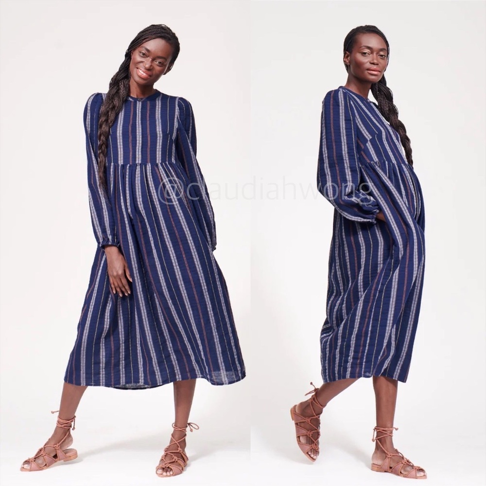 FRANCES HART Dobby Long Sleeve Midi Dress in Navy Blue & White Stripe